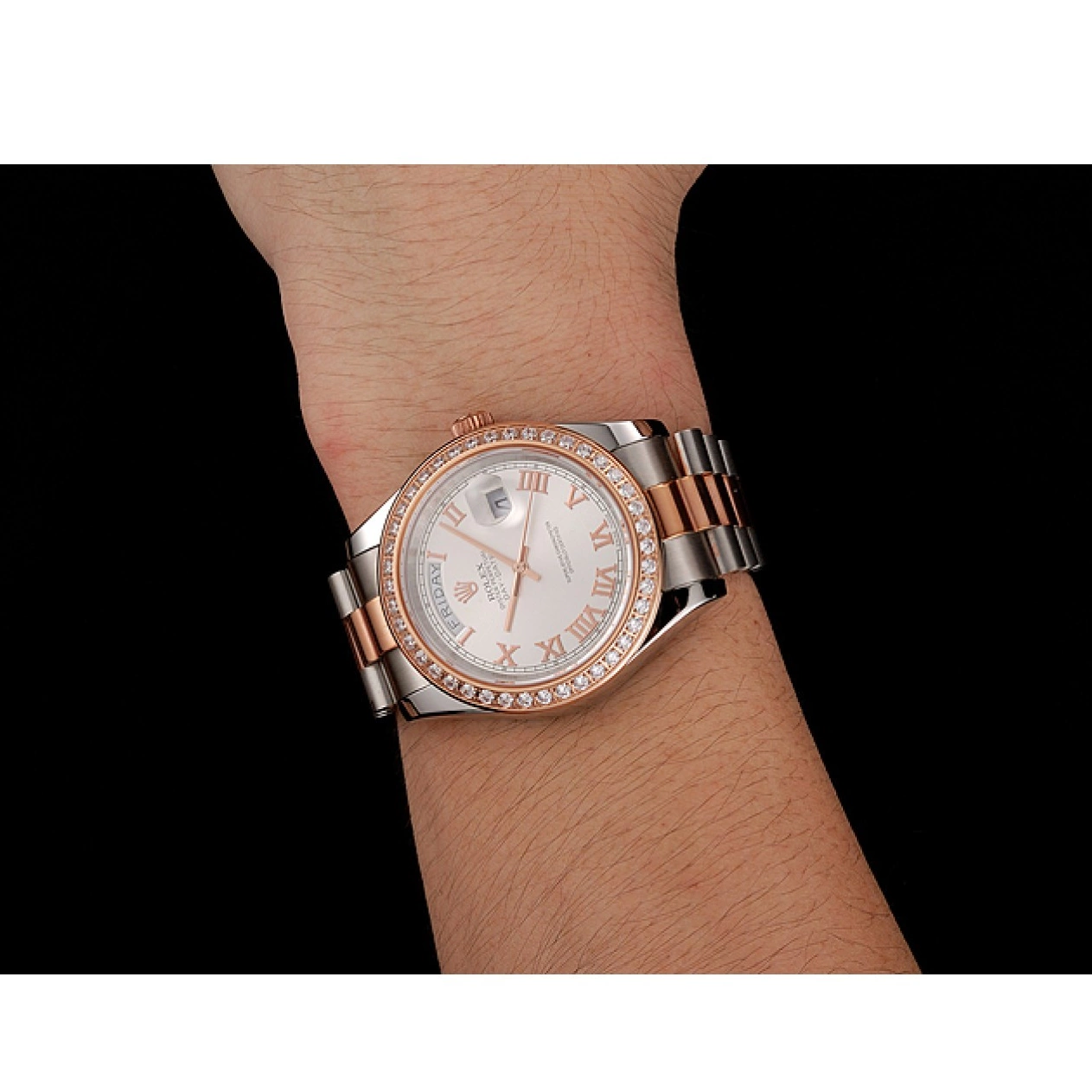 Good copy rolex watches 1454108 Steel Gold Rose Bezel Bracelet Swiss Diamonds Day-Date Staineless Rolex And Dial White 0524